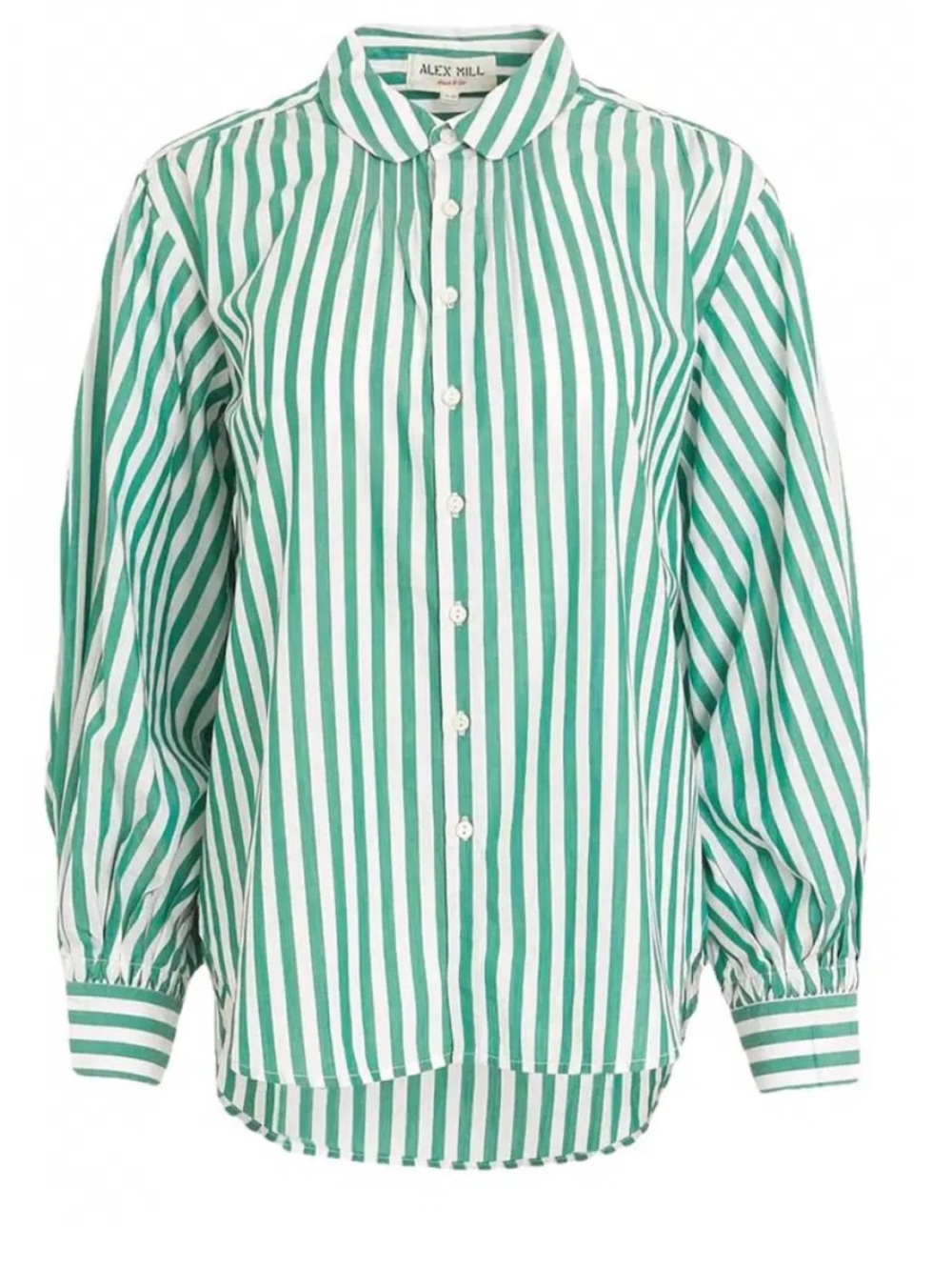 Alex Mill Balloon Sleeve Cotton Button Up Green White Striped Shirt - Medium